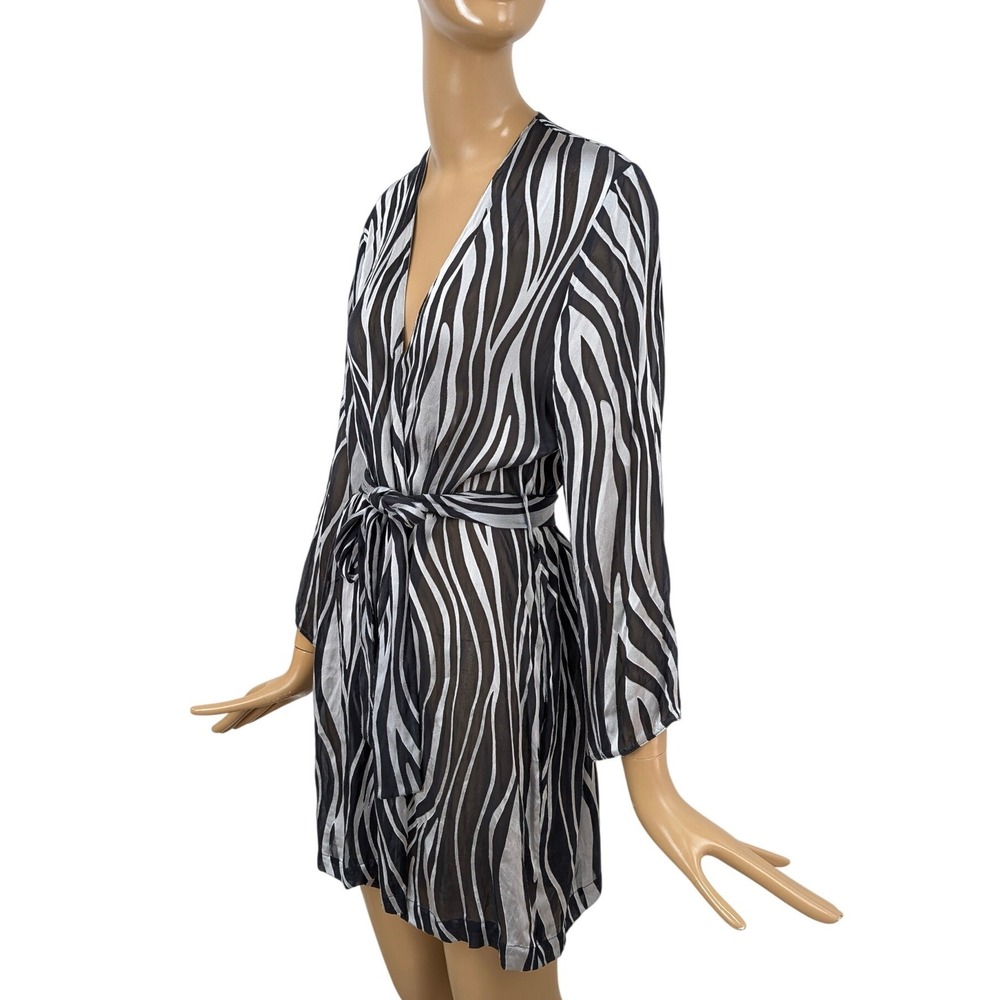 Vintage Y2K Lejaby Paris Neiman Marcus Zebra Print Silk Wrap Robe Petite Pockets